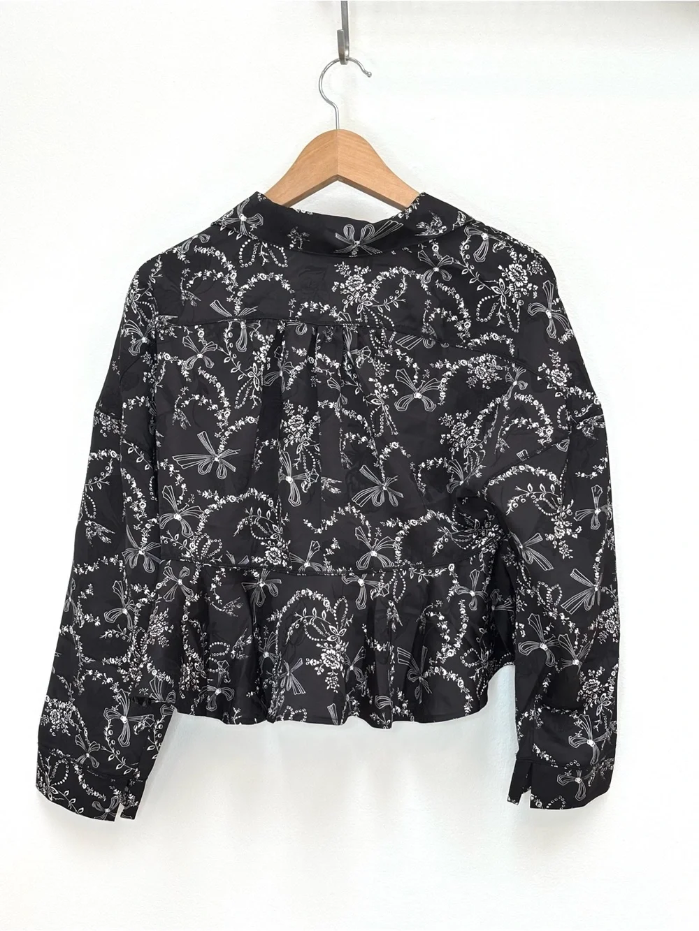 Free People Beauty Sleep Satin Pajama Top Floral Bow Print Black Small New